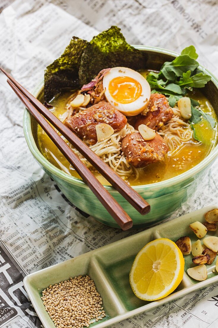 Japenese miso ramen soup with chicken and egg