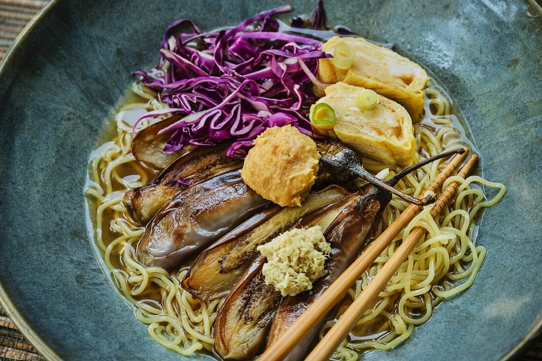 Japanese nasubi ramen soup with auberinge and omelette