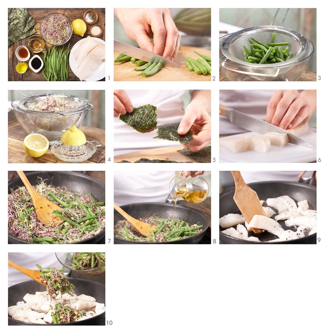 Heilbutt auf Sprossengemüse mit Bohnen und Nori-Algen zubereiten