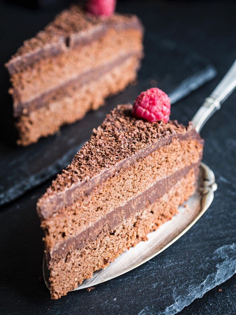 A slice of flour-free gluten-free chocolate cake with raspberries