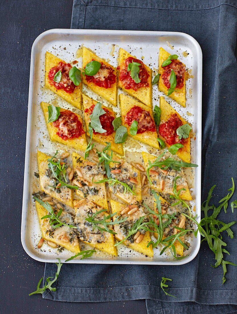 Baked polenta diamonds with tomato sugo and Gorgonzola