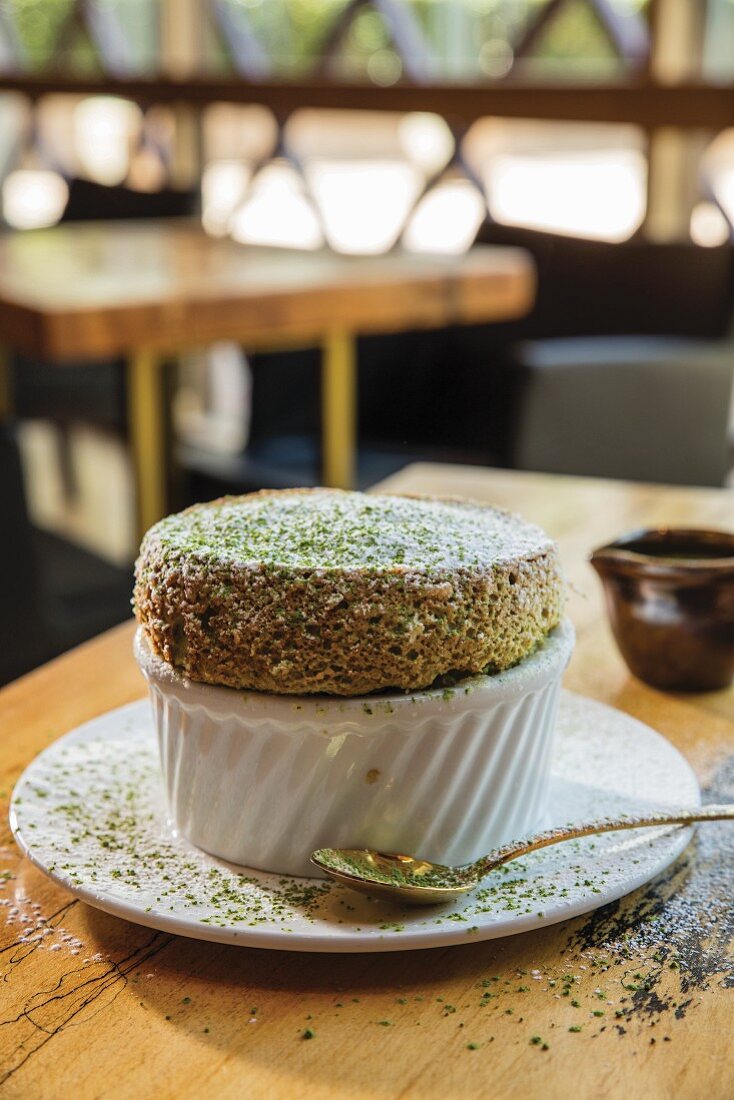 Green tea soufflé in a restaurant