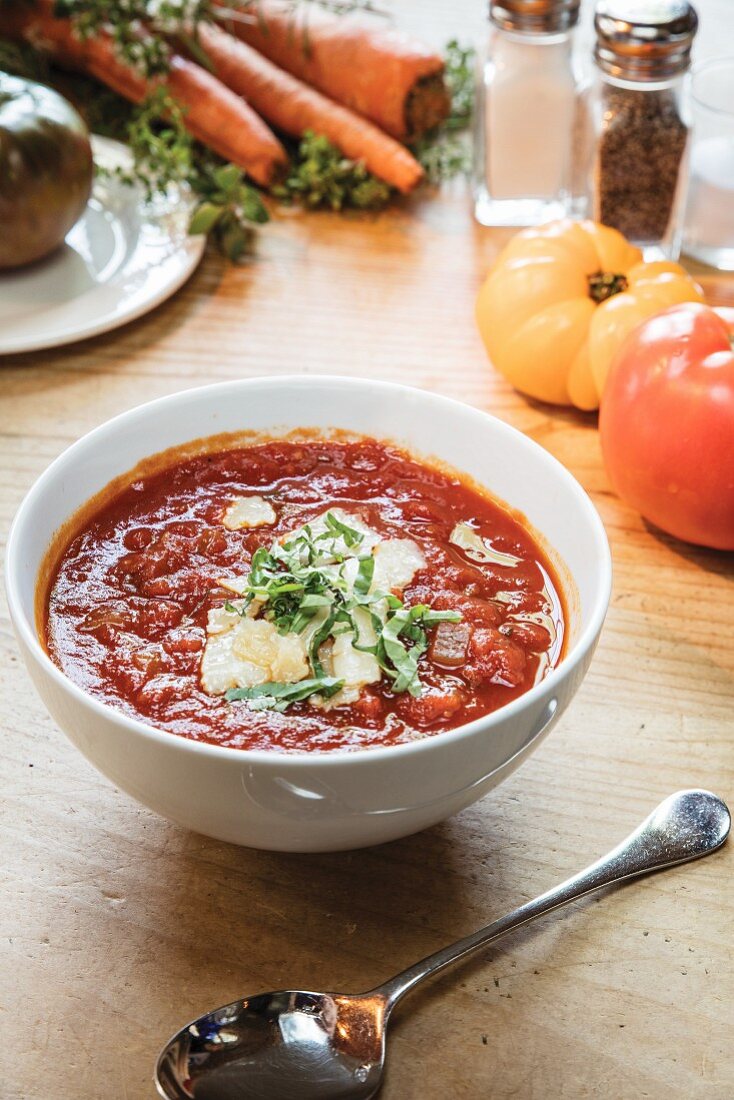 Home-made tomato sauce with Parmesan in a bowl