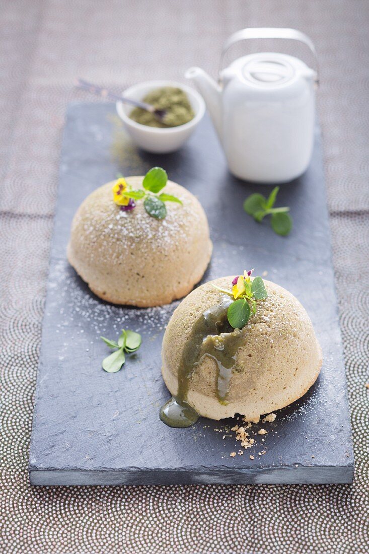 Small matcha tea cakes with a lava core