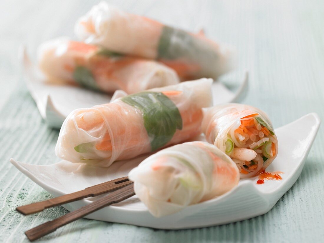 Asian rice paper rolls filled with prawns and vegetables