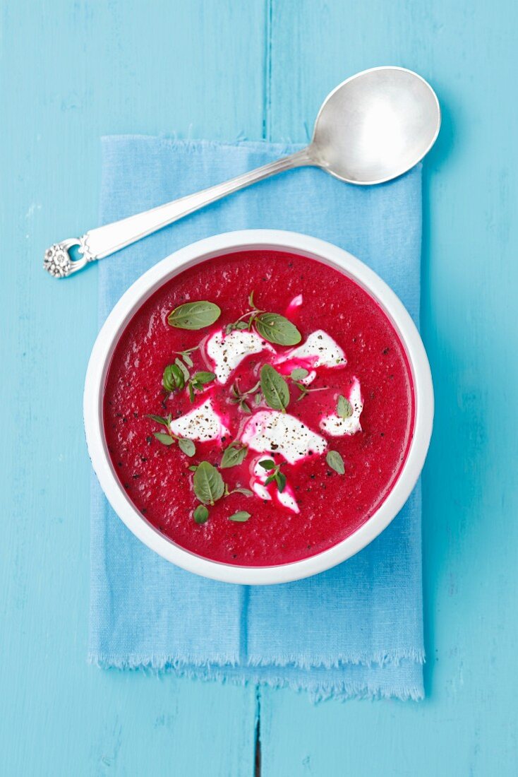 Creamy beetroot soup with goats' cheese