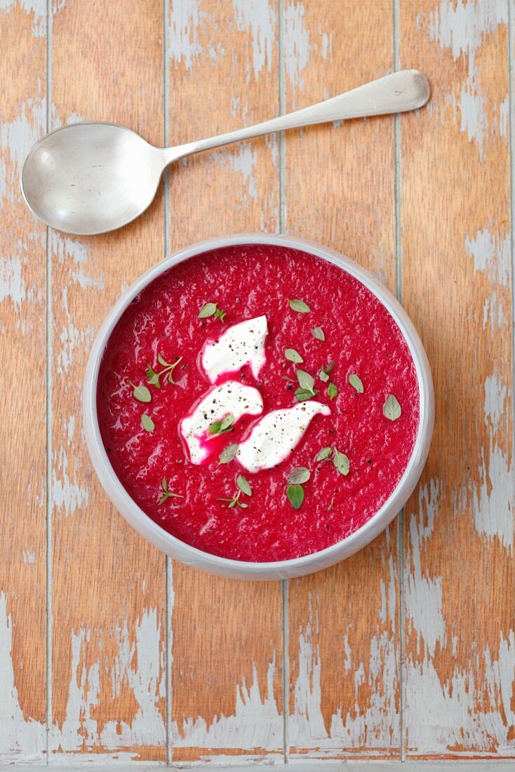 Creamy beetroot soup with goats' cheese