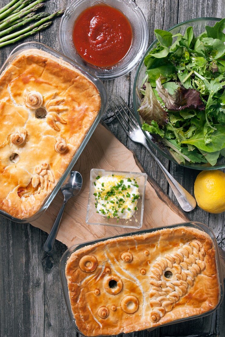 A chicken and salmon tourtière served with a mixed salad
