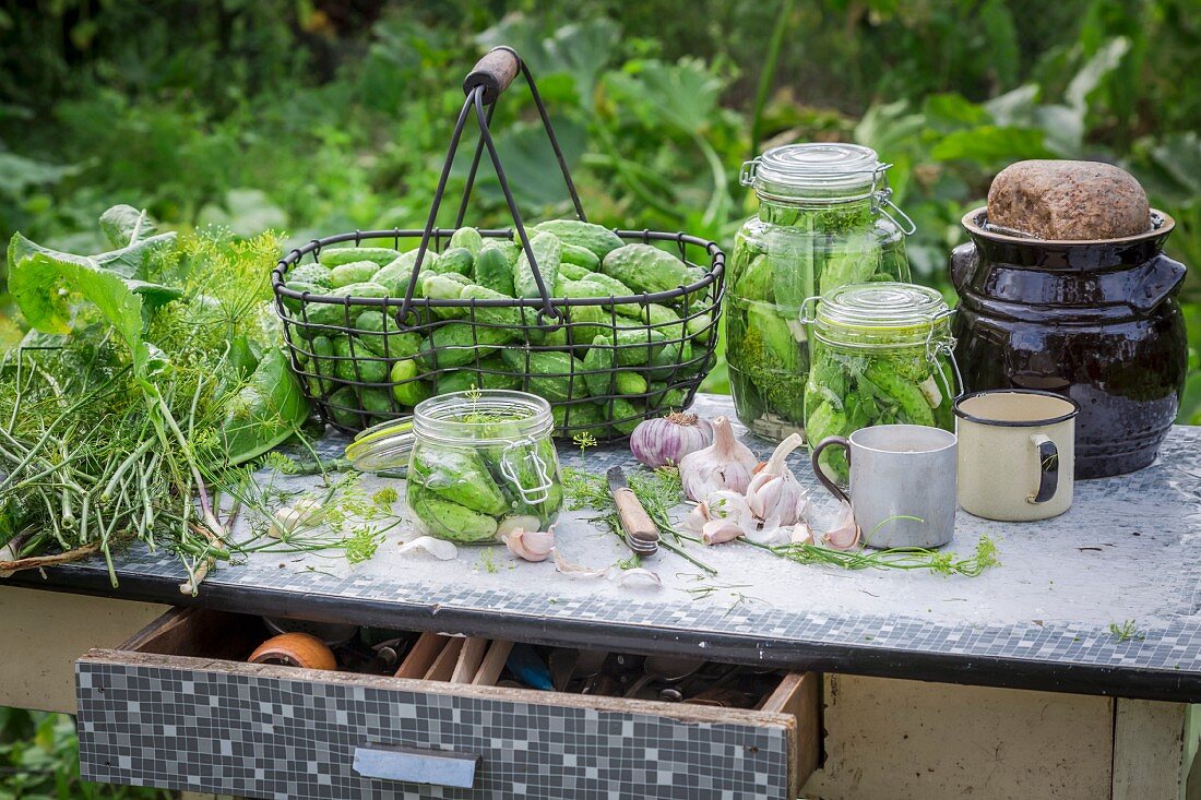 Frisch eingelegte Gurken im Einmachglas auf Gartentisch