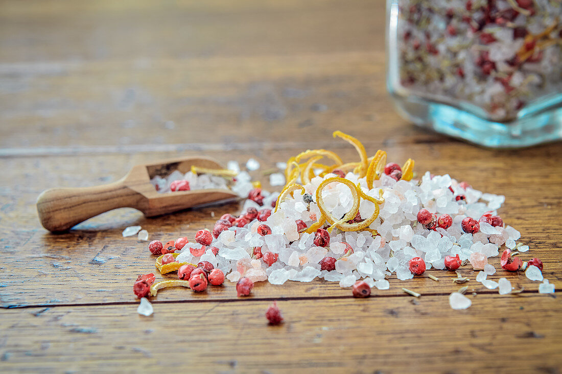 Lemon and rosemary salt with red peppercorns