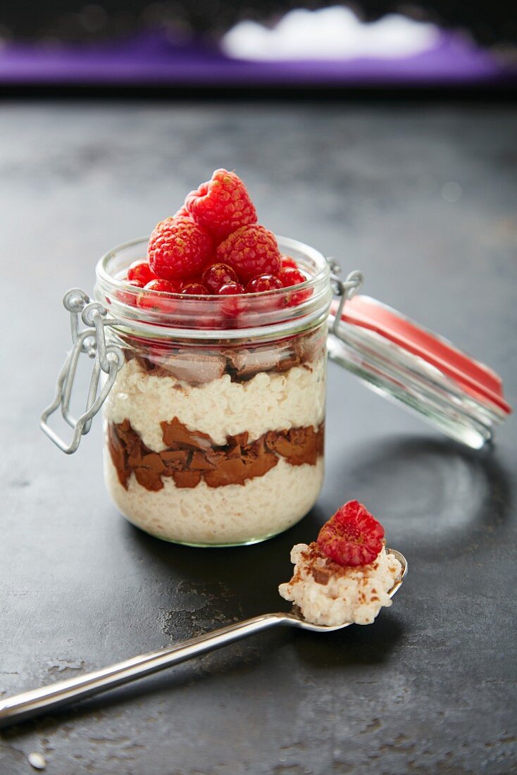 Rice pudding with raspberries and chocolate