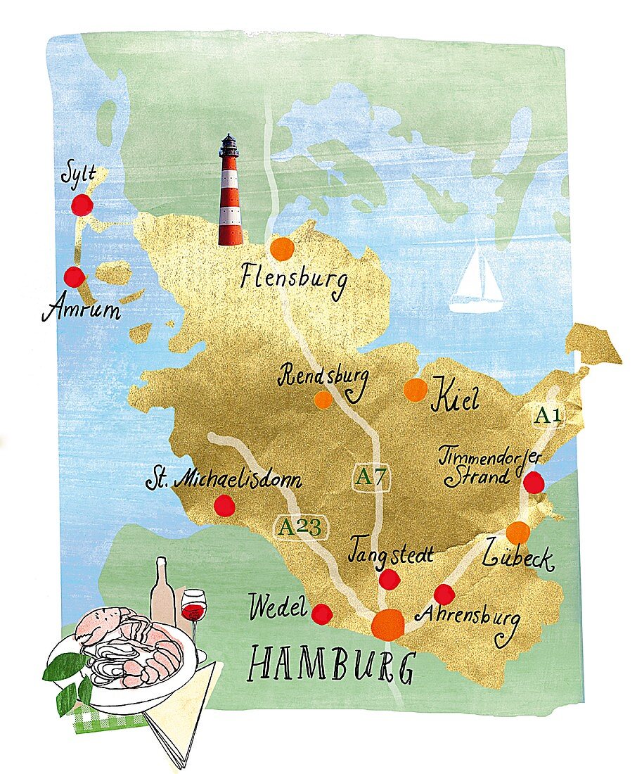 A hand-drawn map of Hamburg and the local region in Northern Germany