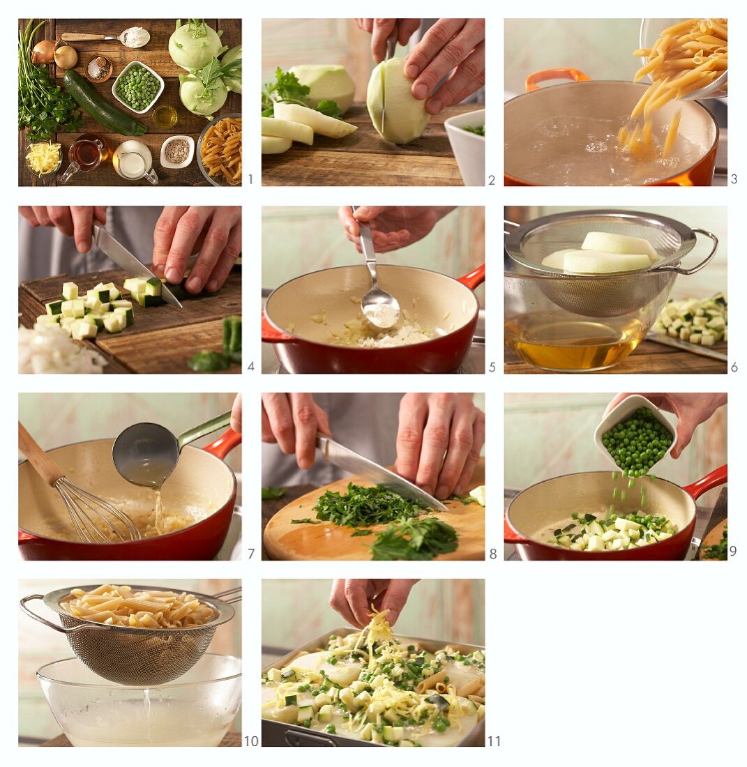 Nudelgratin mit Kohlrabi, Erbsen und Zucchini zubereiten