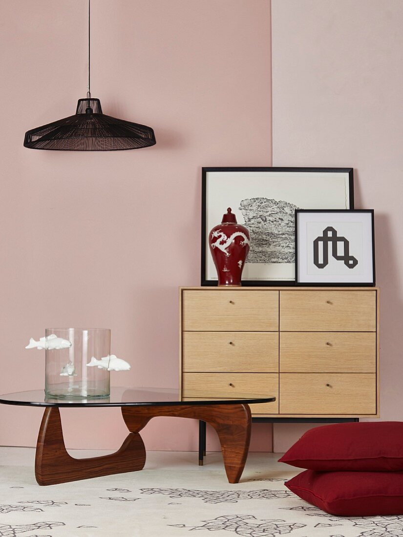 Retro coffee table in front of cabinet in romantic Japanese interior