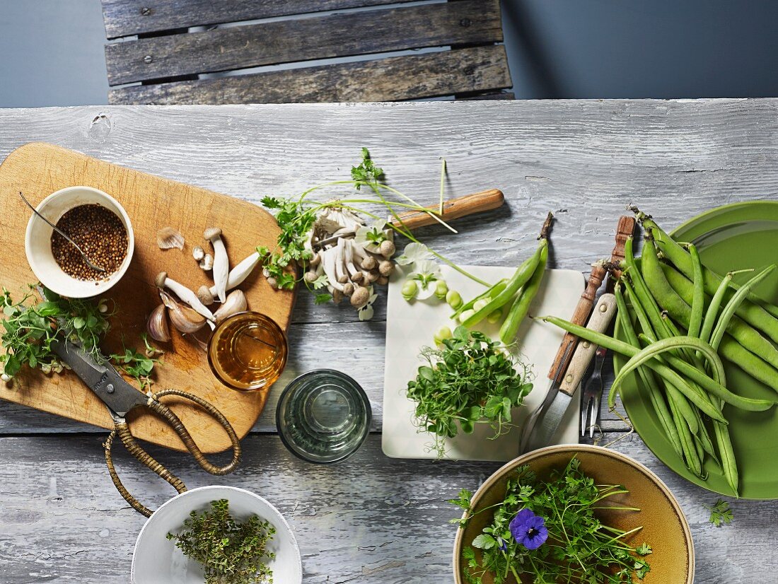 Zutaten für die Sommerküche: frische Pilze, Bohnen und Kräuter
