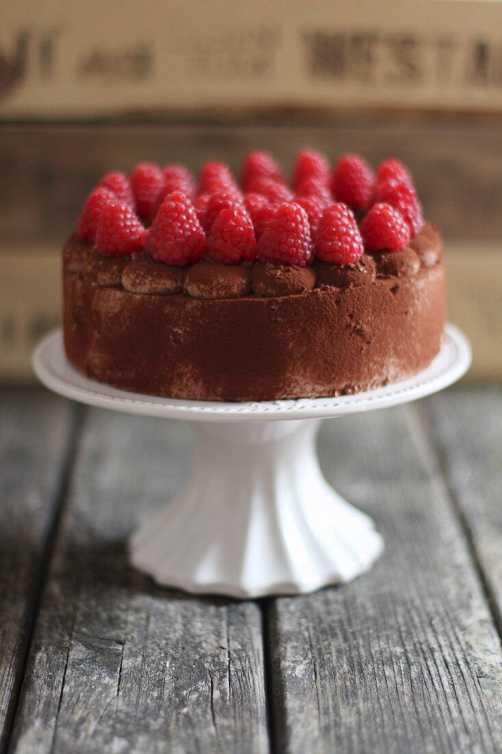 Chocolate Cake on Cake Stand with Raspberry Garnish; Roses