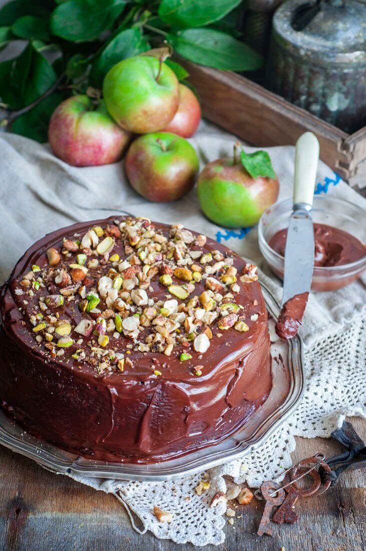 Apple and chocolate cake with nuts and pistachios