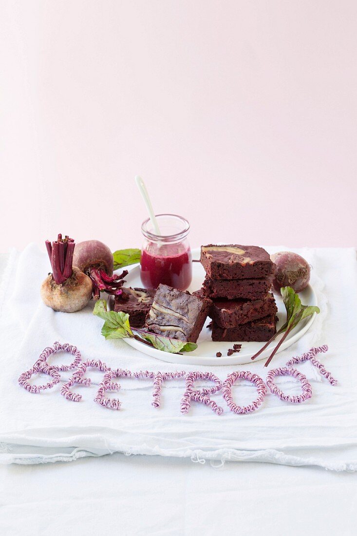 Beetroot brownies with macadamia butter and a beetroot glaze