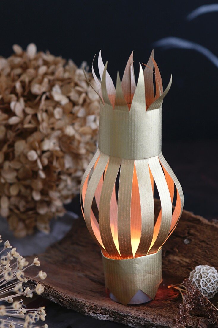 Small paper lantern on piece of bark next to dried flower heads