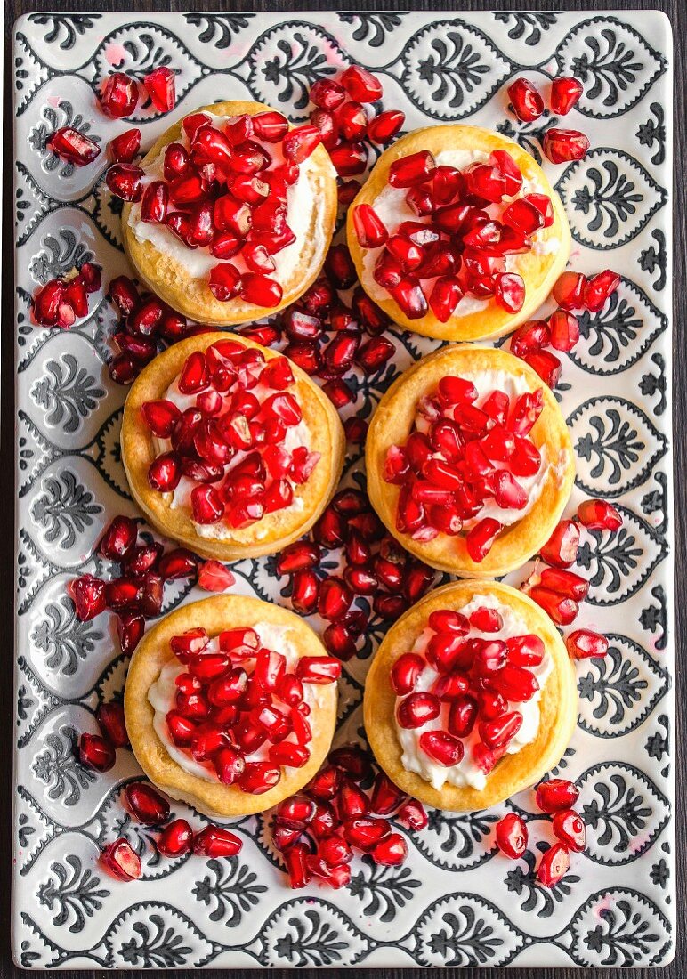 Vol au vents with cream cheese and pomegranate seeds