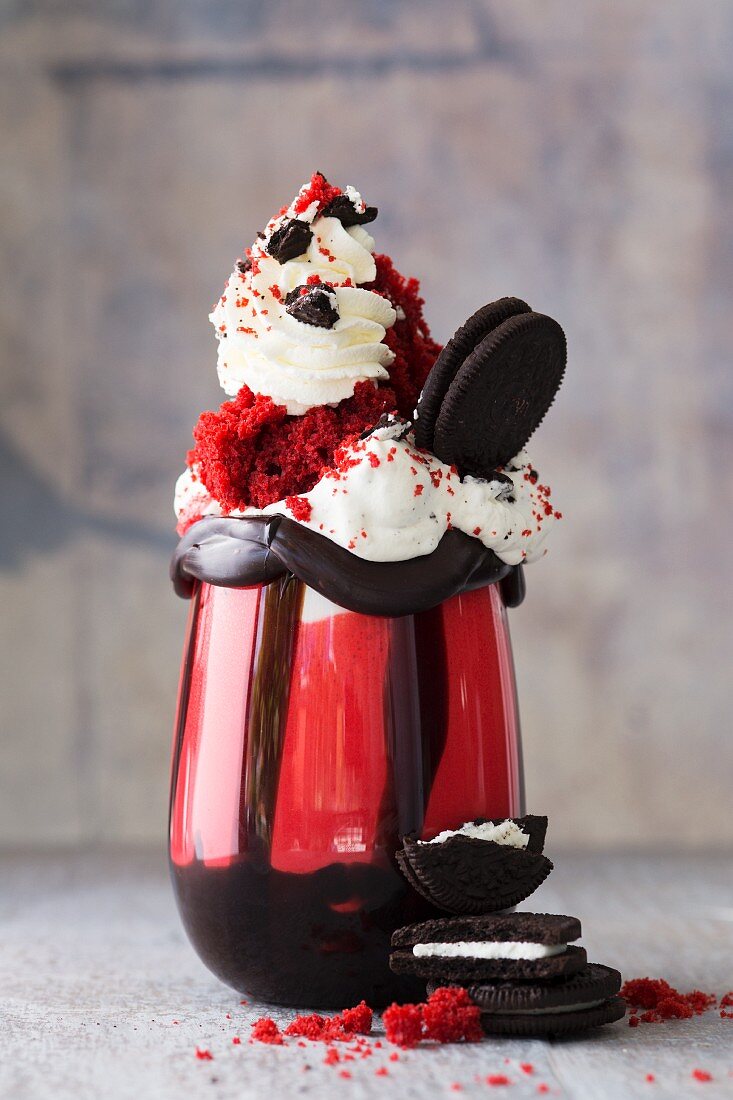 A red velvet freak shake with Oreo biscuits