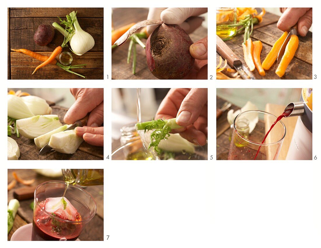 Beetroot, carrot and fennel drink being made