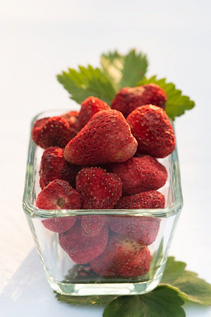 Freeze-dried strawberries in a glass dish