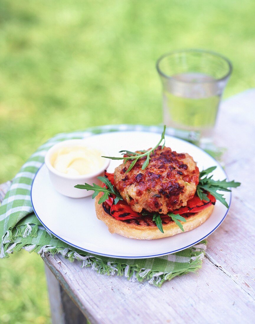 A burger with roasted red peppers and rocket