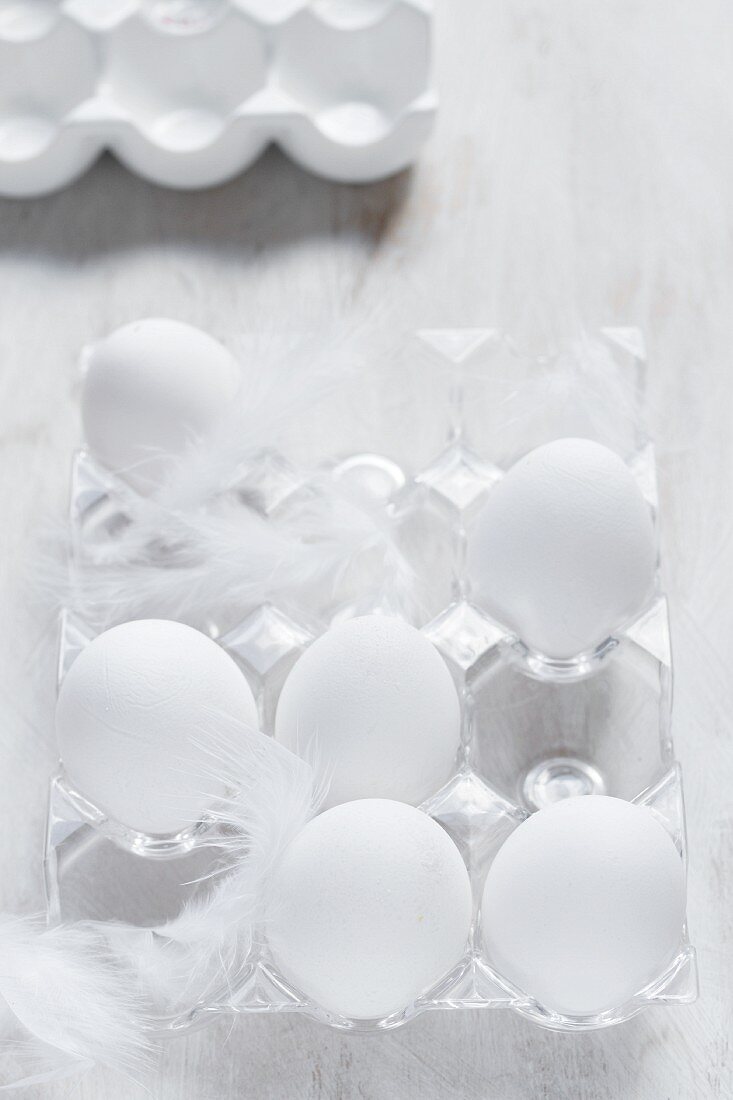 weiße Eier im durchsichtigen Eierbehälter