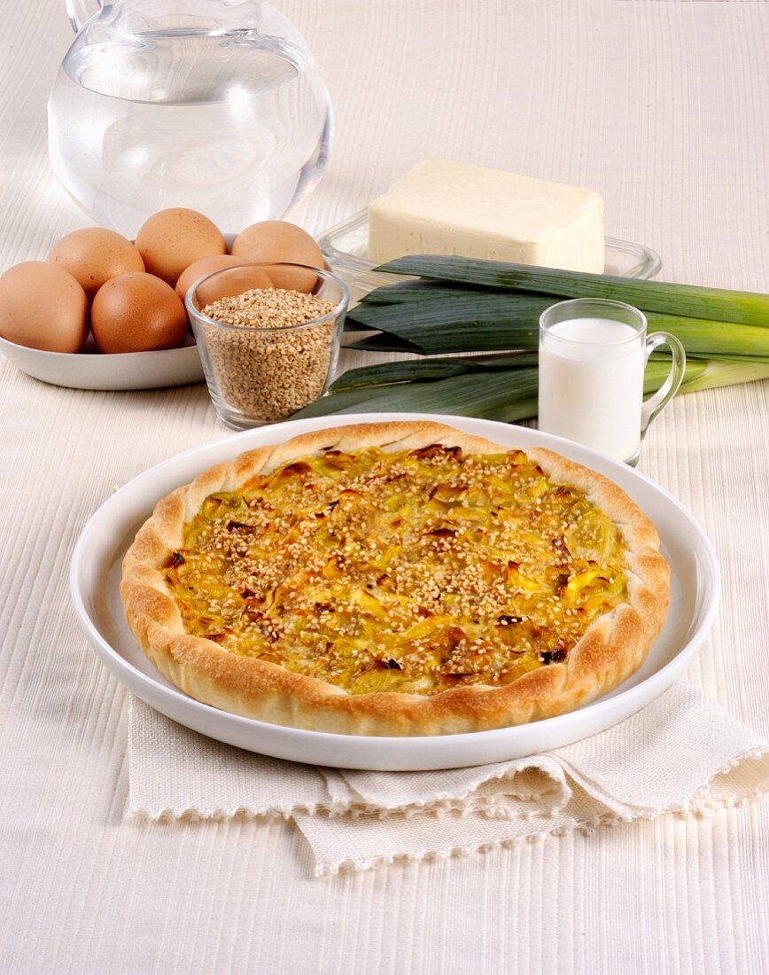 A leek flan with sesame seeds