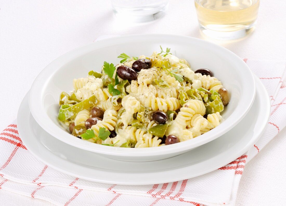 Fusilli with feta, olives and chilli peppers