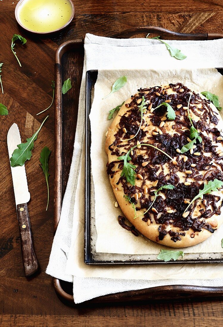 Focaccia with caramelised red onions and pine nuts