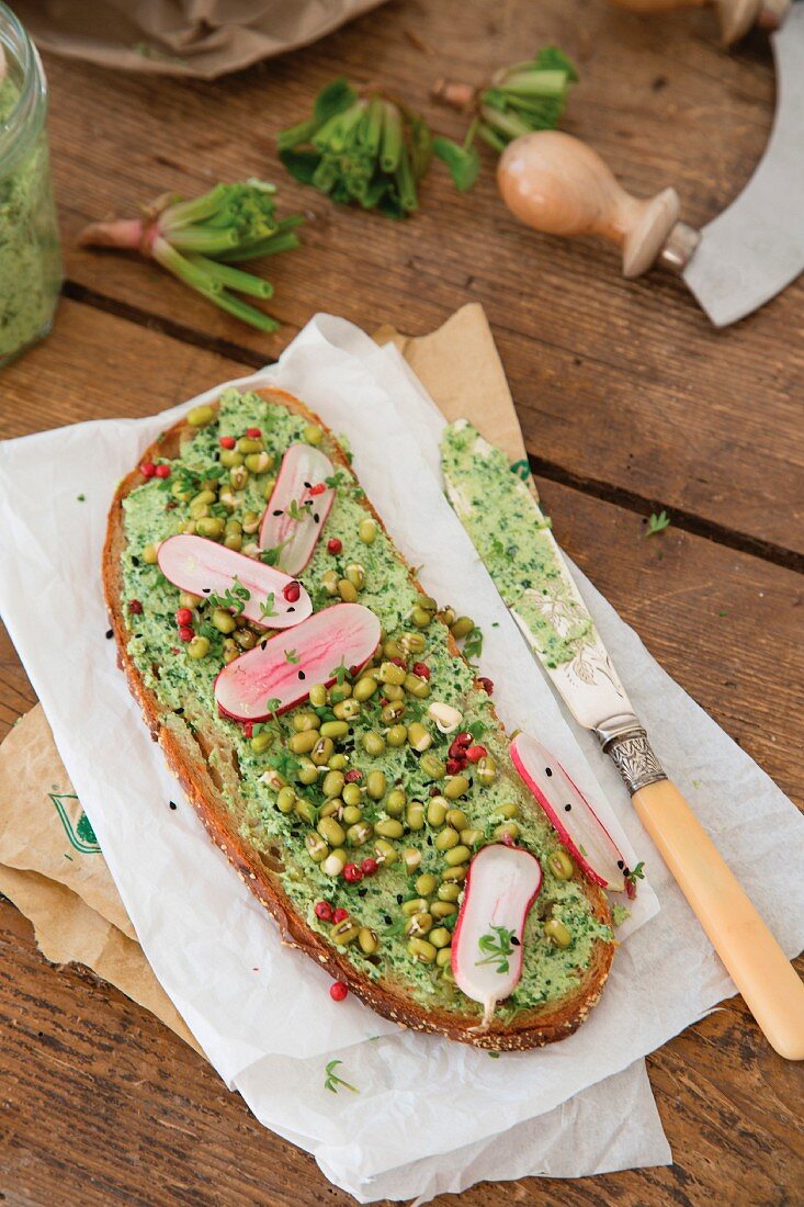 Spinach spread with radishes and sprouts