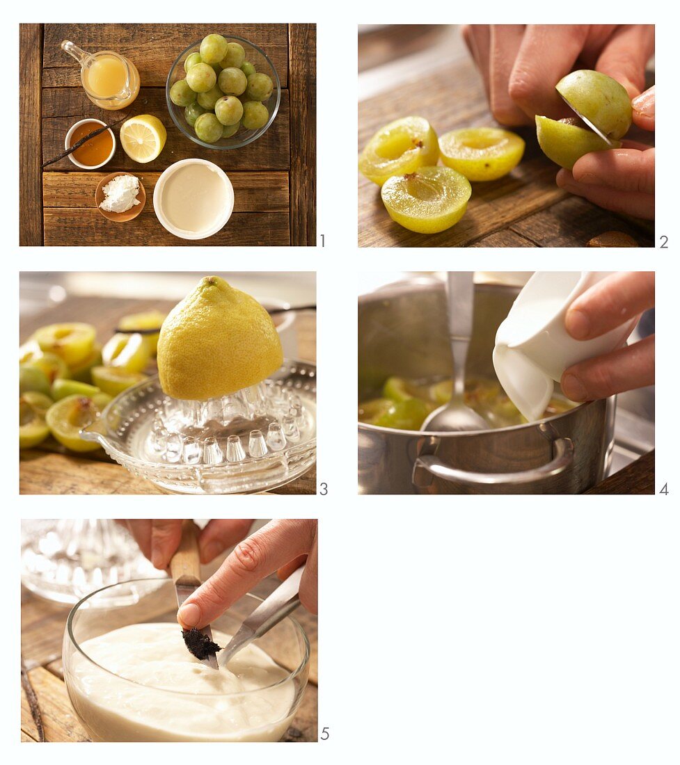 Greengage compote being made