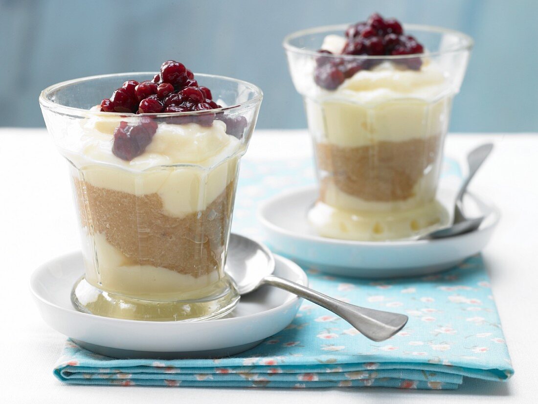 Vanilla and buttermilk pudding with pear puree and lingonberries