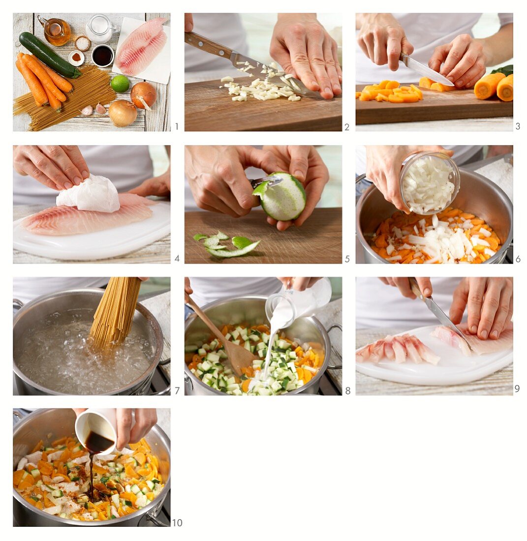 Spaghetti with fish, vegetables and coconut sauce being made