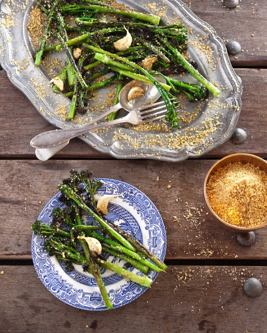Broccolini florets with garlic and crumbled pecan nuts