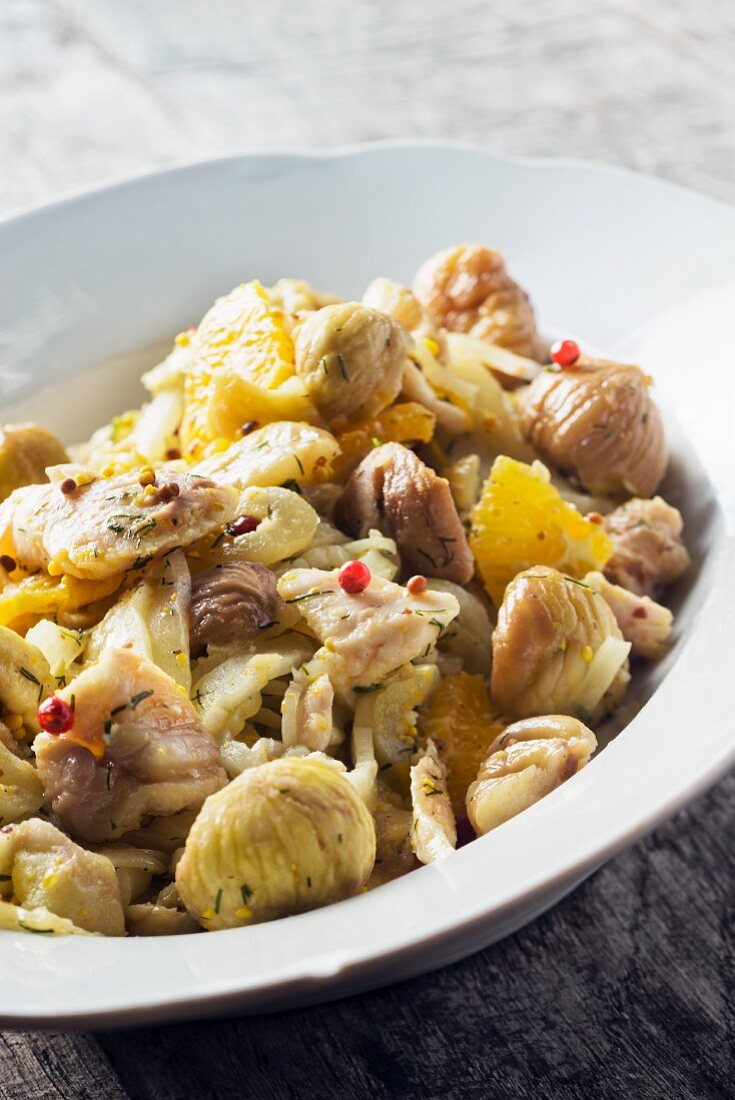 Chestnut salad with fennel, orange and smoked trout