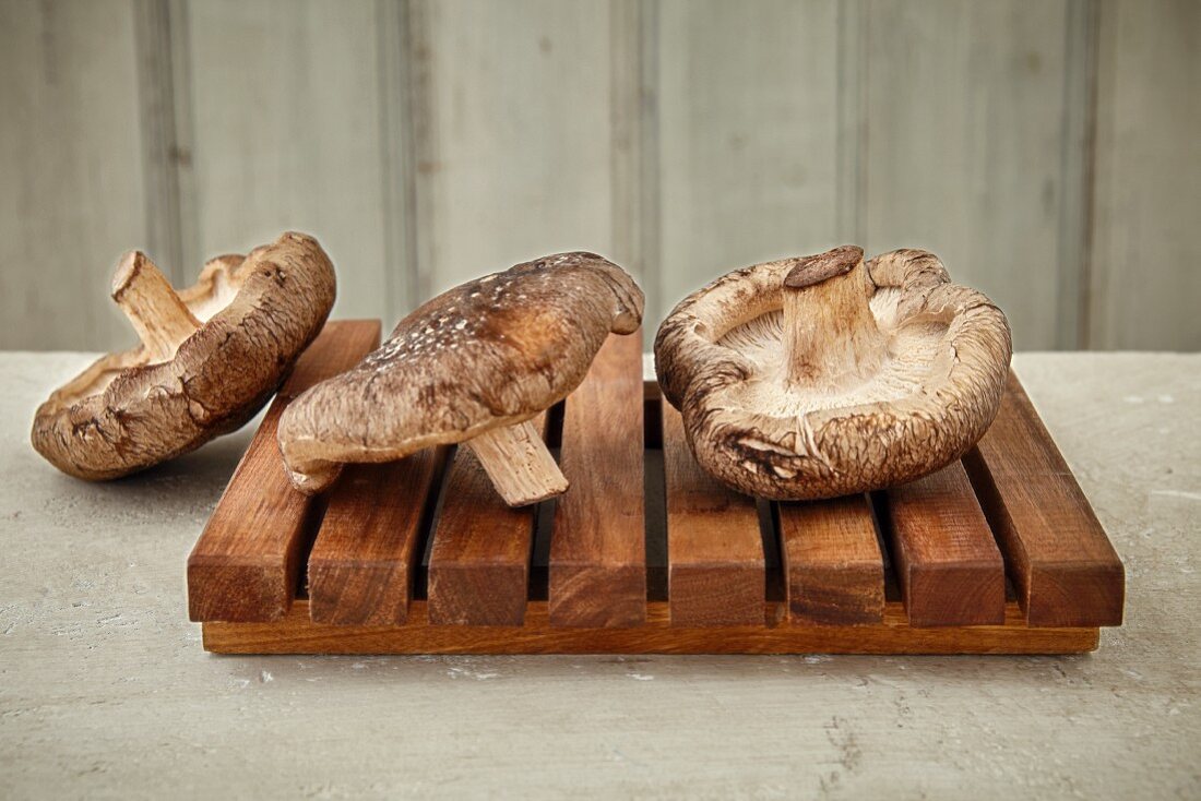 Three shiitake mushrooms on a wooden board