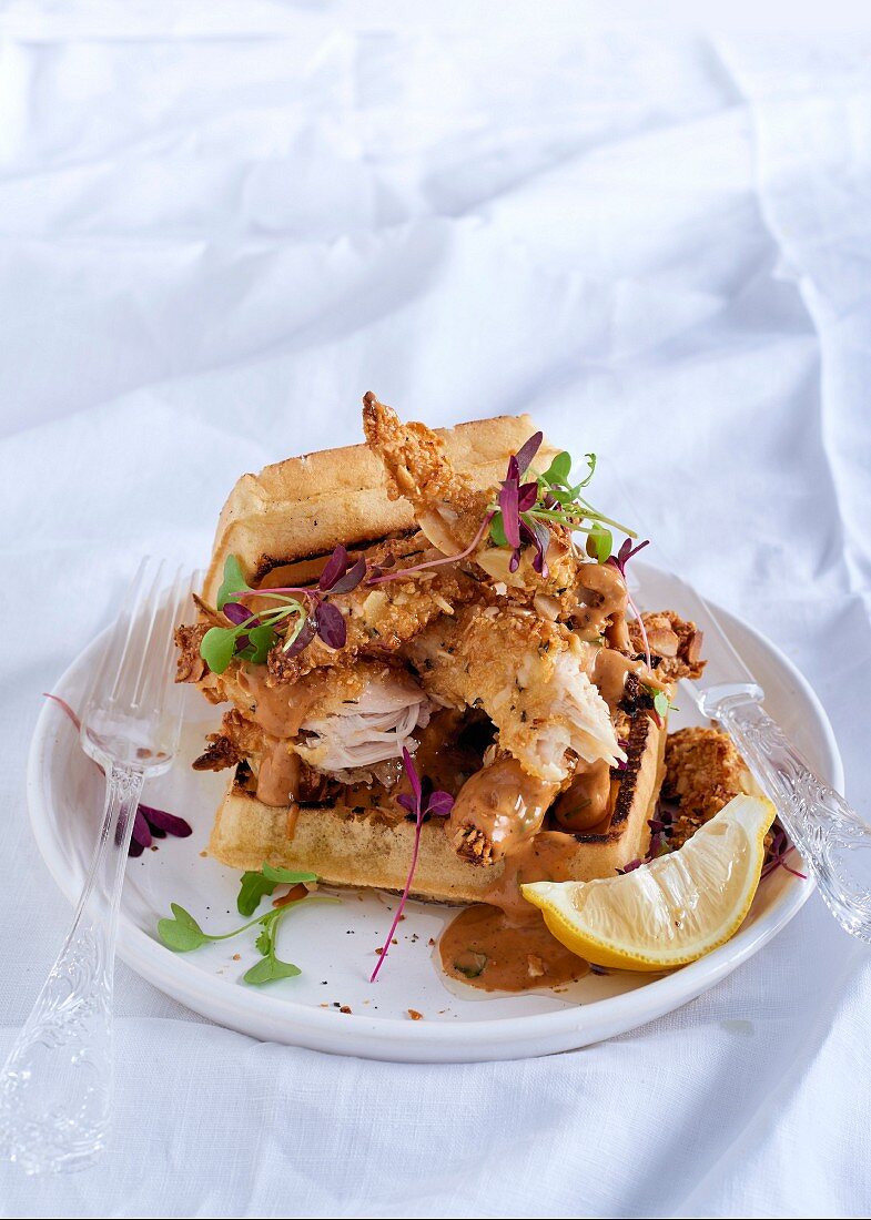 Waffeln mit Hähnchen in Mandelkruste und Barbecue-Mayonnaise