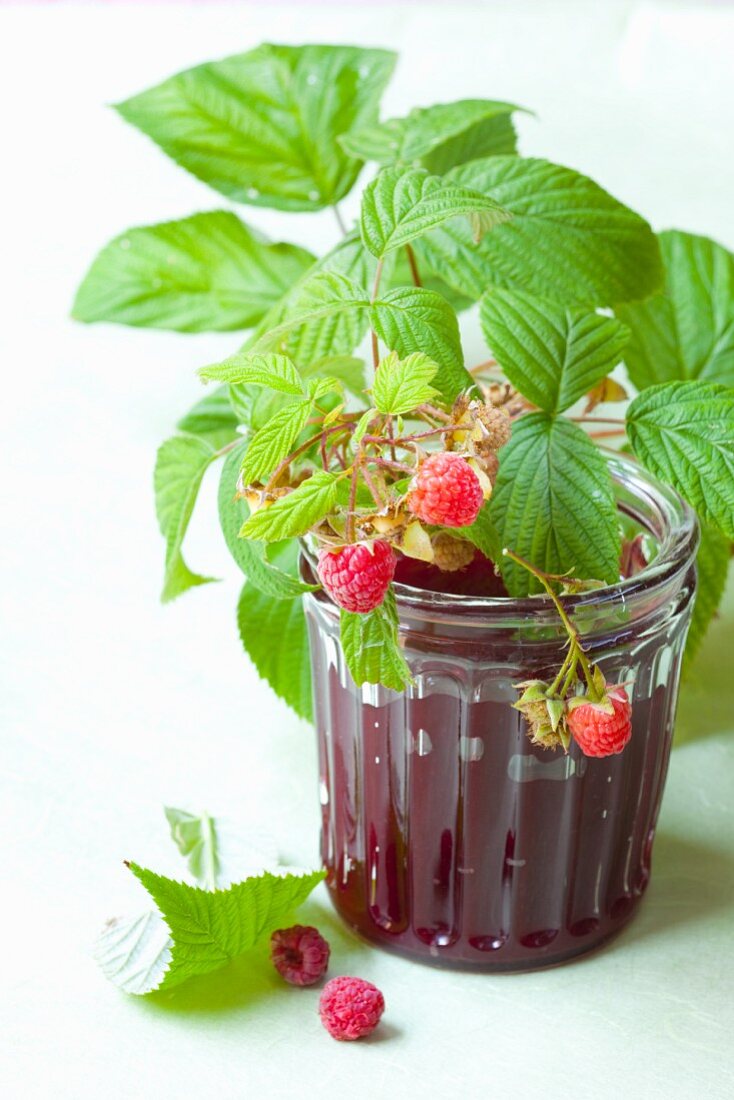 A glass of raspberry jam and fresh raspberries