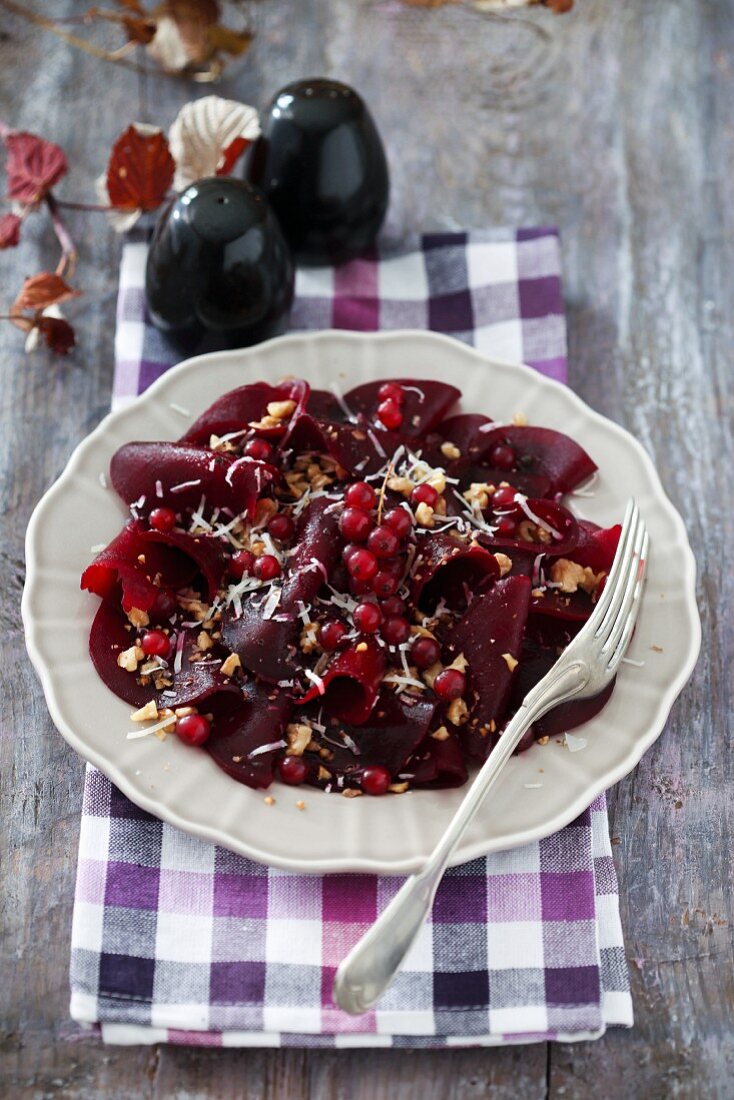 Beetroot carpaccio with redcurrants and horseradish