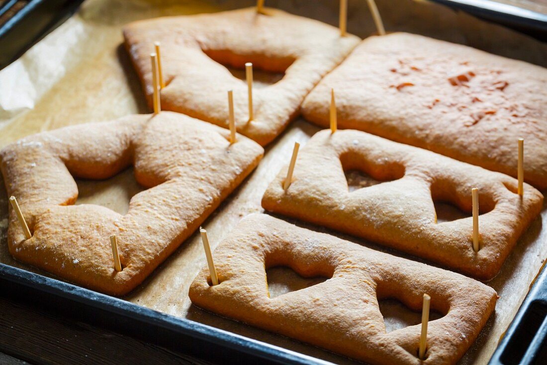 Freshly baked parts of a gingerbread house for Christmas