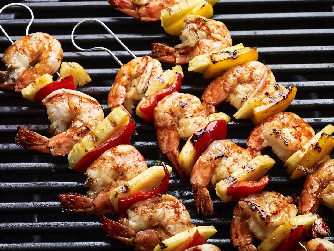 Prawn and vegetable kebabs on the barbecue