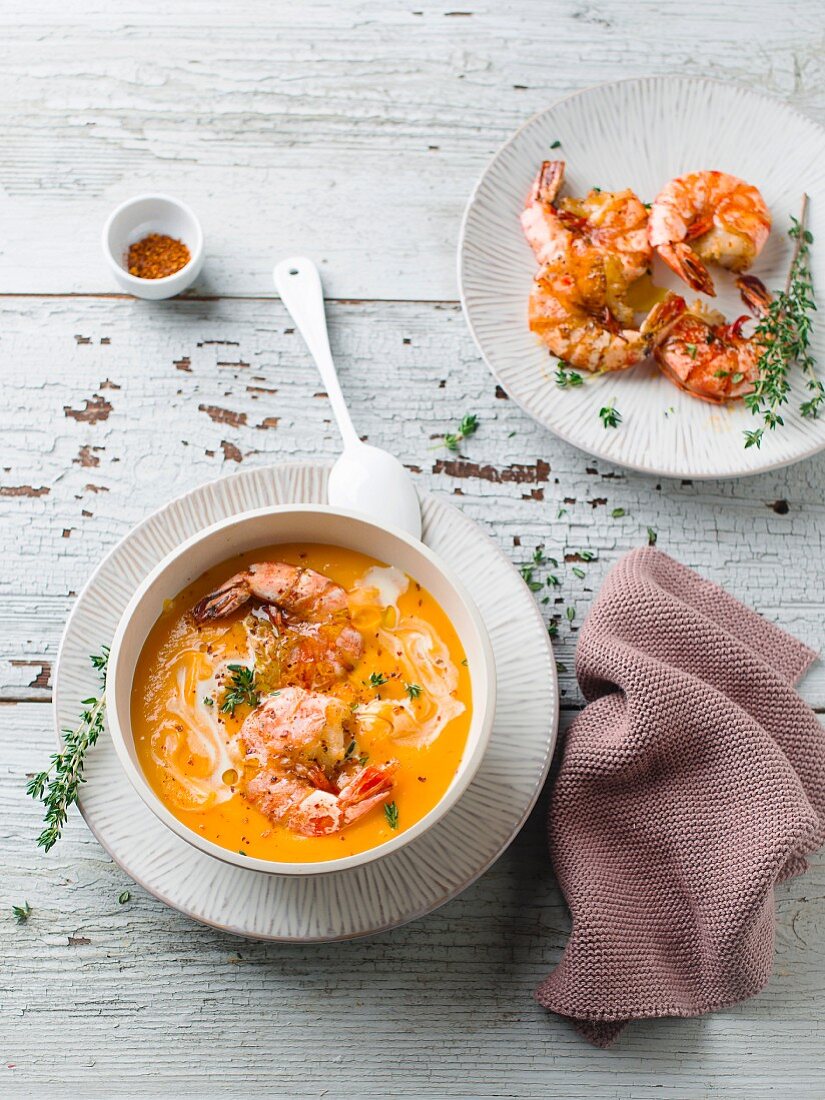 Pumpkin soup with prawns