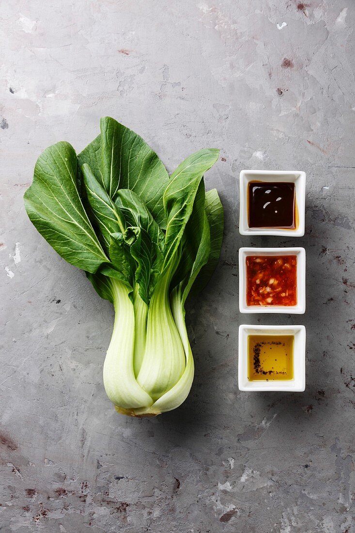 Fresh Pak choi cabbage and different sauces on gray concrete stone background