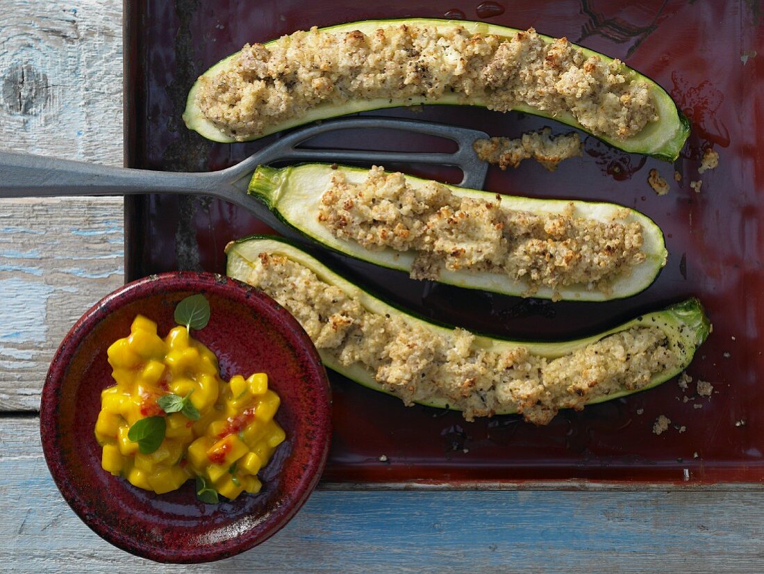 Grilled courgettes with quinoa stuffing and a mango sauce
