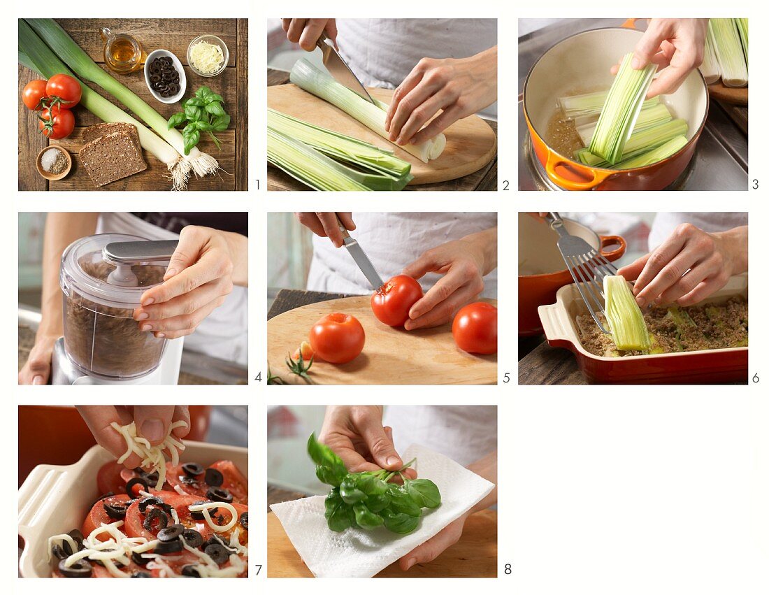 Leek and tomato gratin being made