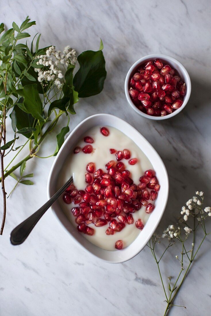 Coconut yoghurt with pomegranate seeds in a white bowl on a white marble table