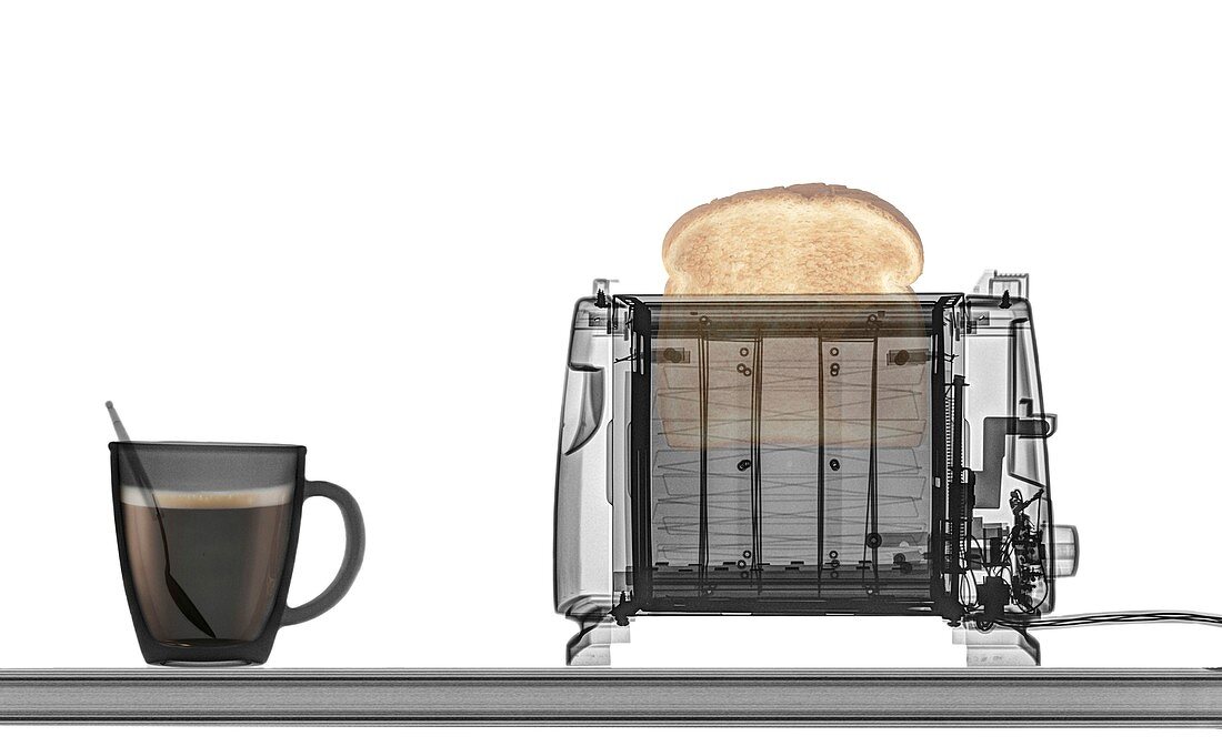 Toaster,toast and coffee under x-ray